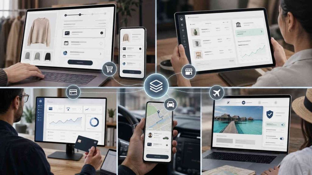 Examples of embedded finance in e-commerce, marketplaces, business software, transportation, and travel