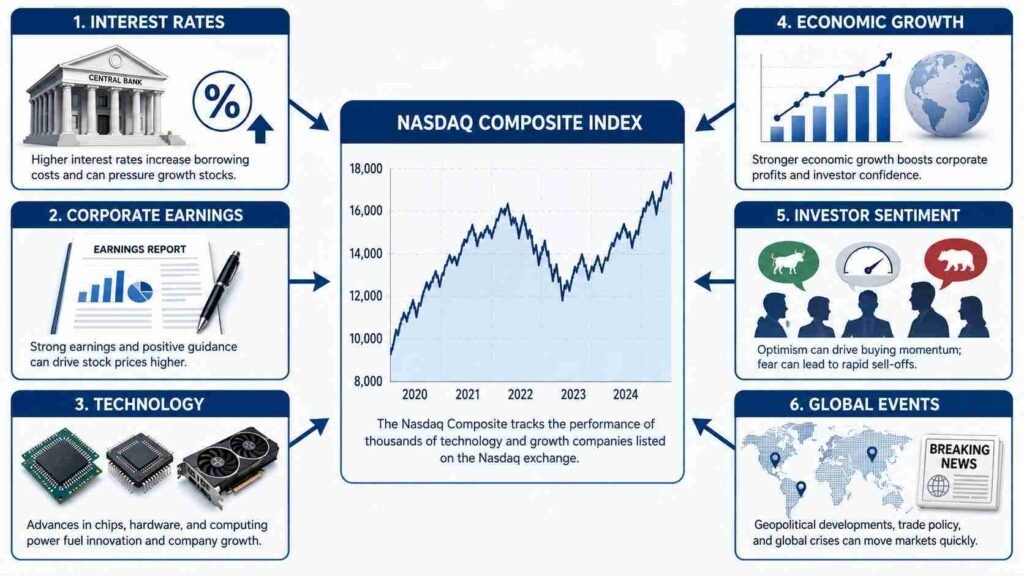 Key factors affecting Nasdaq including interest rates, corporate earnings, technology, economic growth, investor sentiment and global events