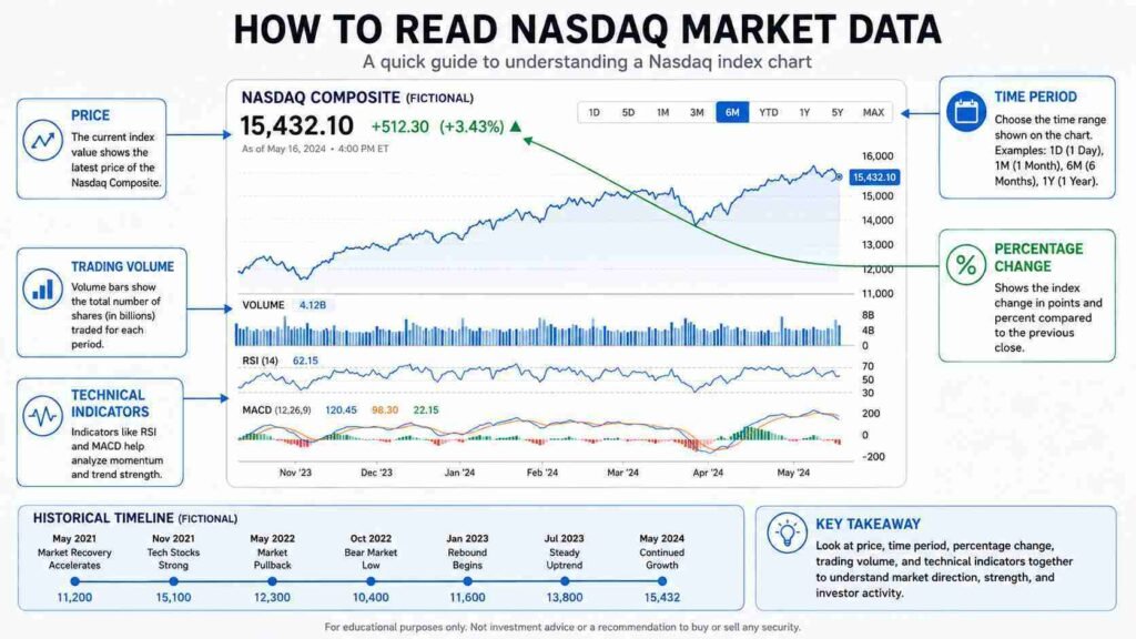 Nasdaq market chart showing price, time period, percentage change, trading volume and technical indicators