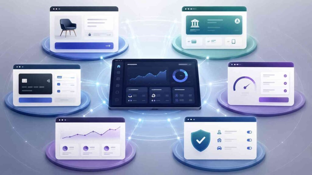 Types of embedded finance including payments, banking, lending, insurance, investing, and cards