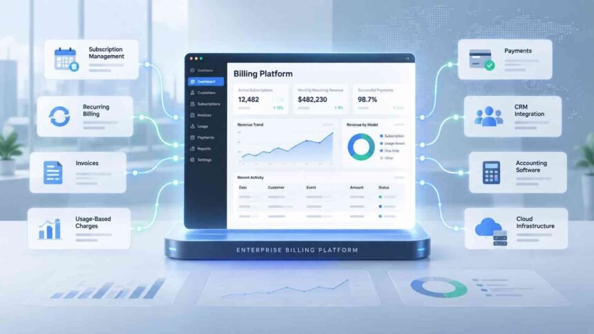 Enterprise billing software connecting subscriptions, recurring billing, payments, CRM, accounting, and cloud infrastructure
