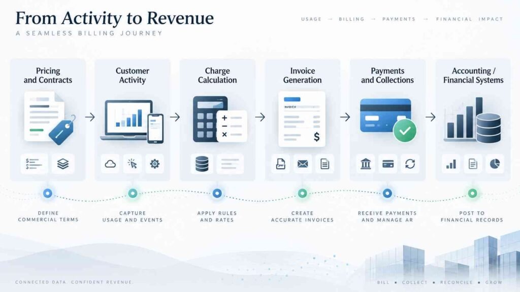Enterprise billing workflow from pricing and customer activity to charge calculation, invoicing, payments, and accounting