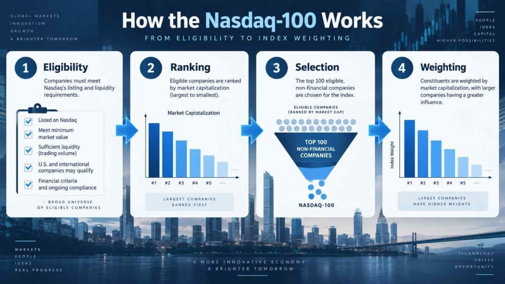 Four-step process showing Nasdaq-100 eligibility, ranking, selection, and weighting