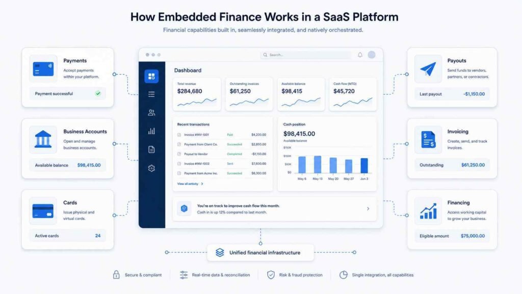 Embedded finance services connected to a SaaS platform, including payments, accounts, cards, payouts, invoicing, and financing
