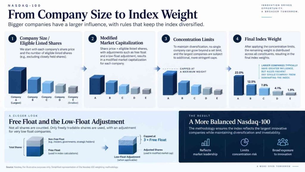 Nasdaq-100 weighting process showing Modified Market Capitalization, concentration limits, and index weights