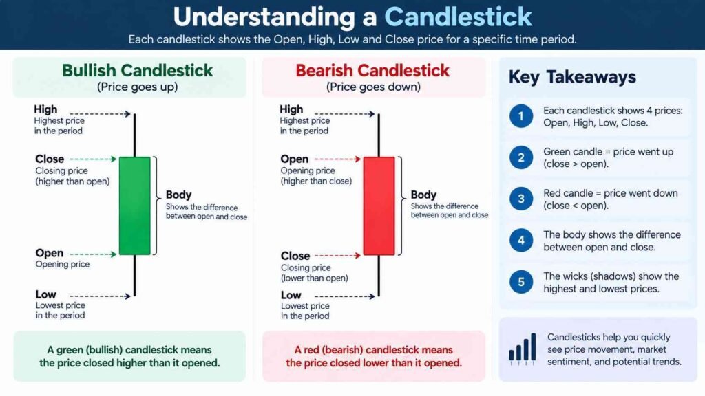 Stock candlestick chart showing open, high, low, close, body, and wicks for bullish and bearish candles