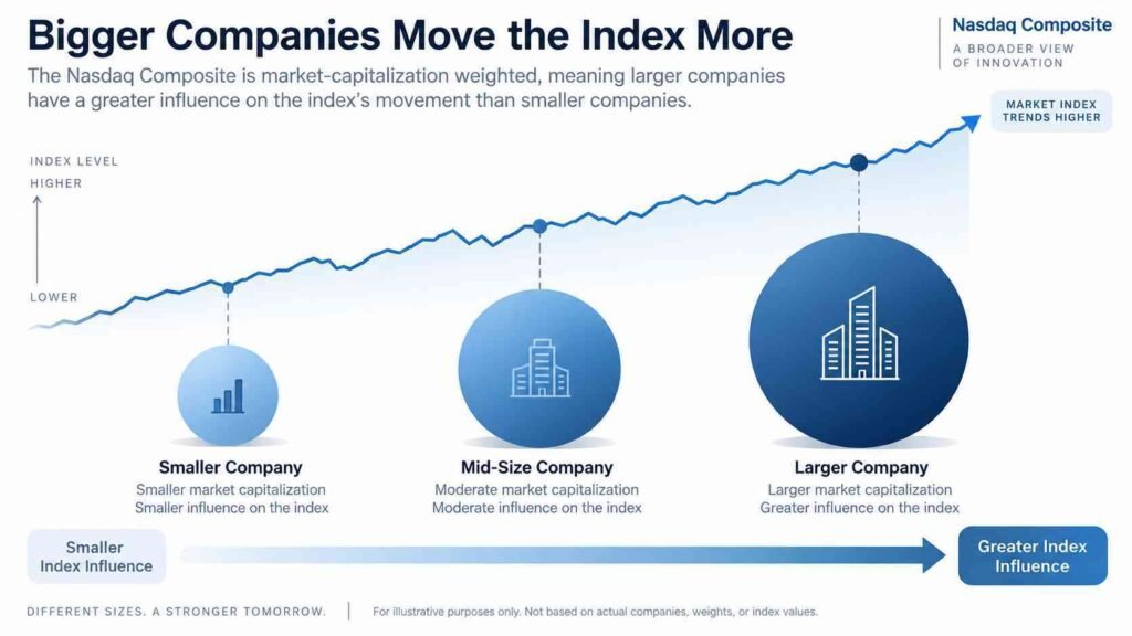 Nasdaq Composite market-cap weighting showing larger companies have greater influence on the index