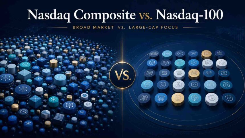 Nasdaq Composite vs Nasdaq-100 comparison showing broad market and large-cap focus