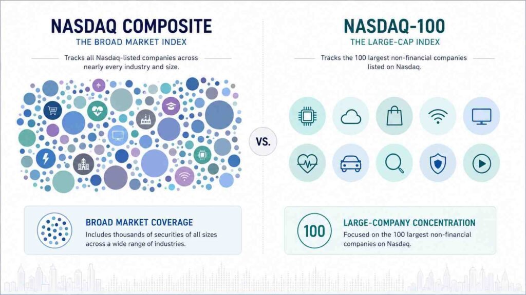 Nasdaq Composite and Nasdaq-100 compared by market coverage and company concentration