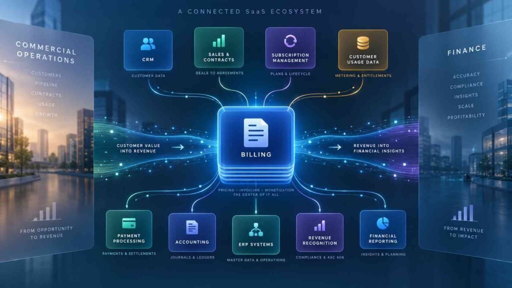 SaaS billing ecosystem connecting CRM, sales, subscriptions, customer usage, payments, accounting, ERP, and revenue reporting