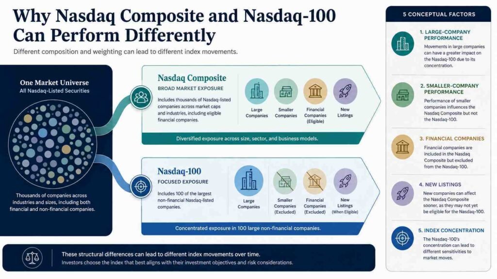 Factors that can cause the Nasdaq Composite and Nasdaq-100 to perform differently